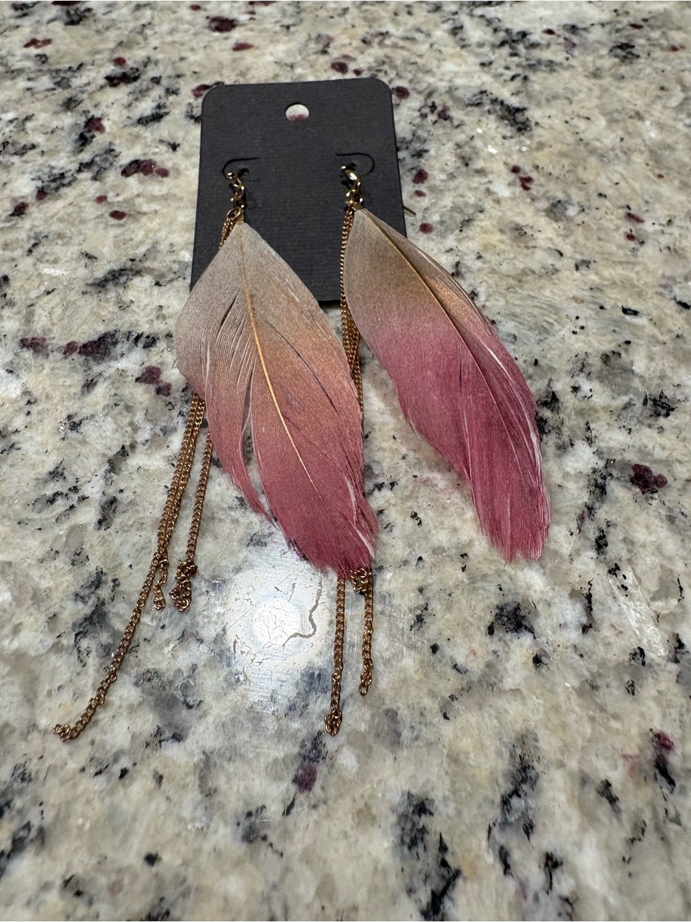 Purple feather with gold tone chain earrings New